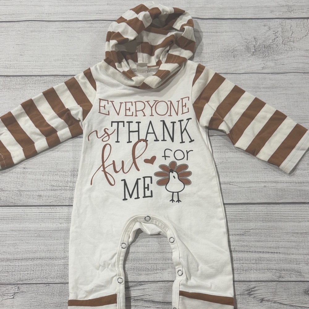 Baby’s “Everyone is Thankful for Me” Striped Brown and White Hooded One Piece